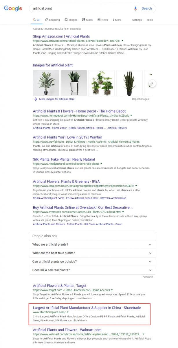 仿真树、仿真花、装饰品网站谷歌优化排名成功案例